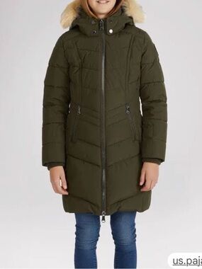 Pajar Kids Olive Green Puffer Coat with Faux Fur Trim Hood